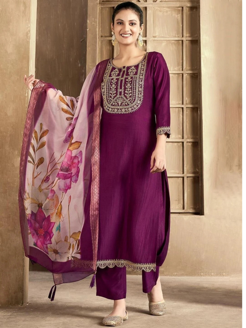 Wine Embroidered Kurta Pant Set With Dupatta