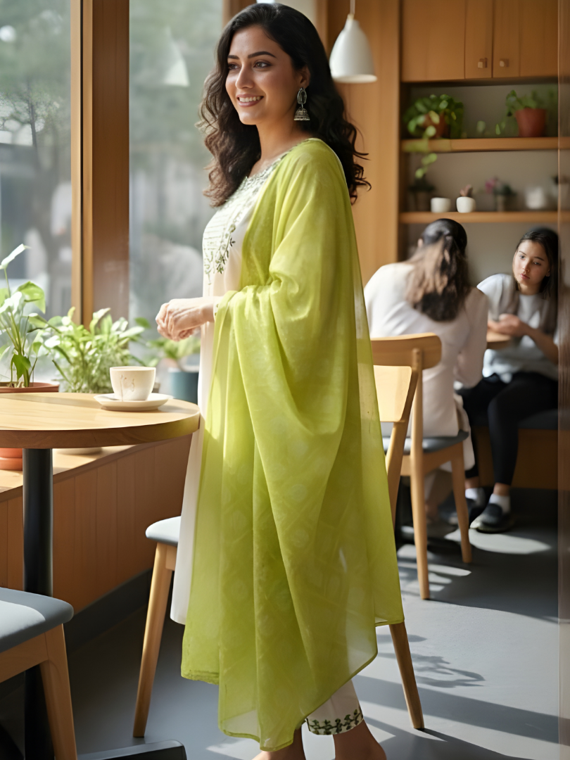 Embroidered White Kurta Pant Set With Dupatta