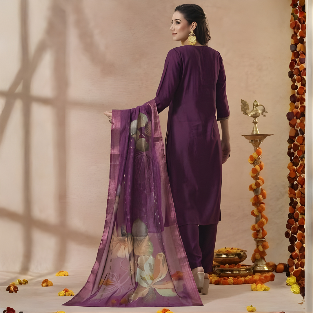 Embroidered Dark Purple Kurta Set With Dupatta