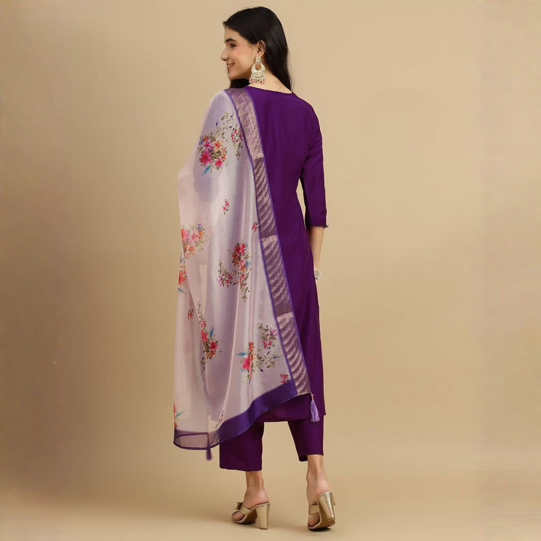 Elegant Embroidered Purple Kurta Set With Dupatta