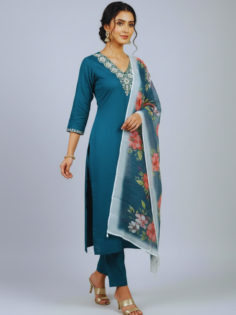 Teal Embroidered Kurta Set with Dupatta