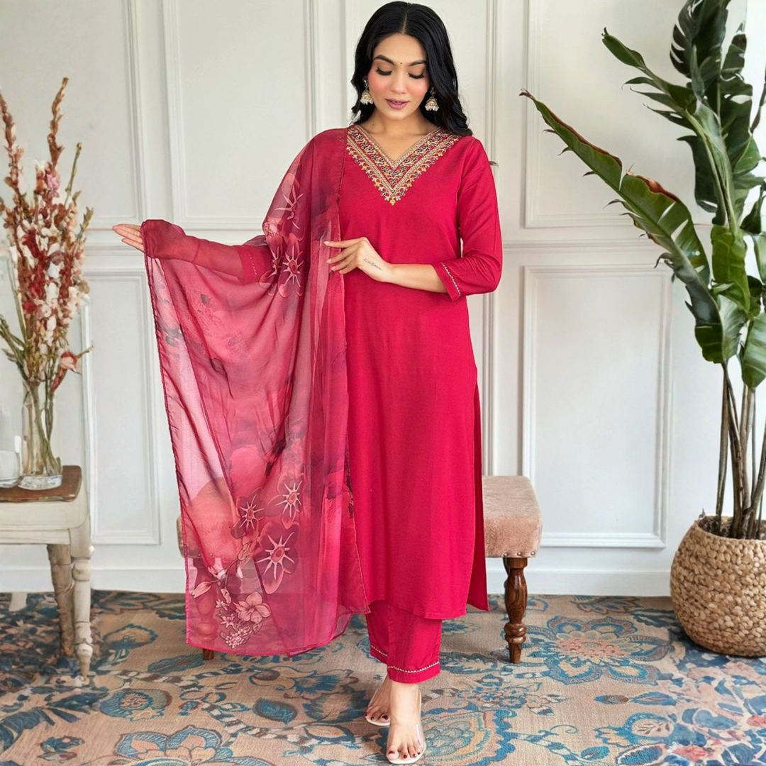 Pink Embroidered Rayon Kurta Set With Dupatta
