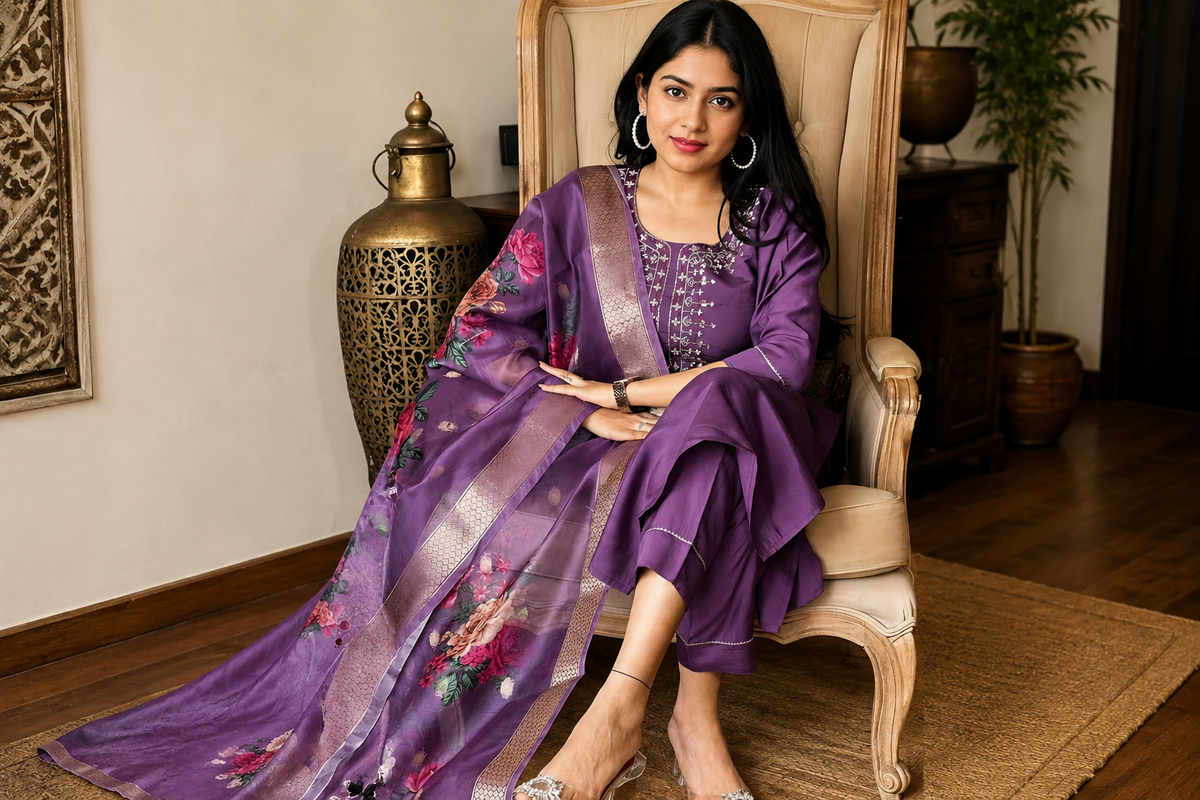 Purple Embroidered 3-Piece Kurta Set With Dupatta