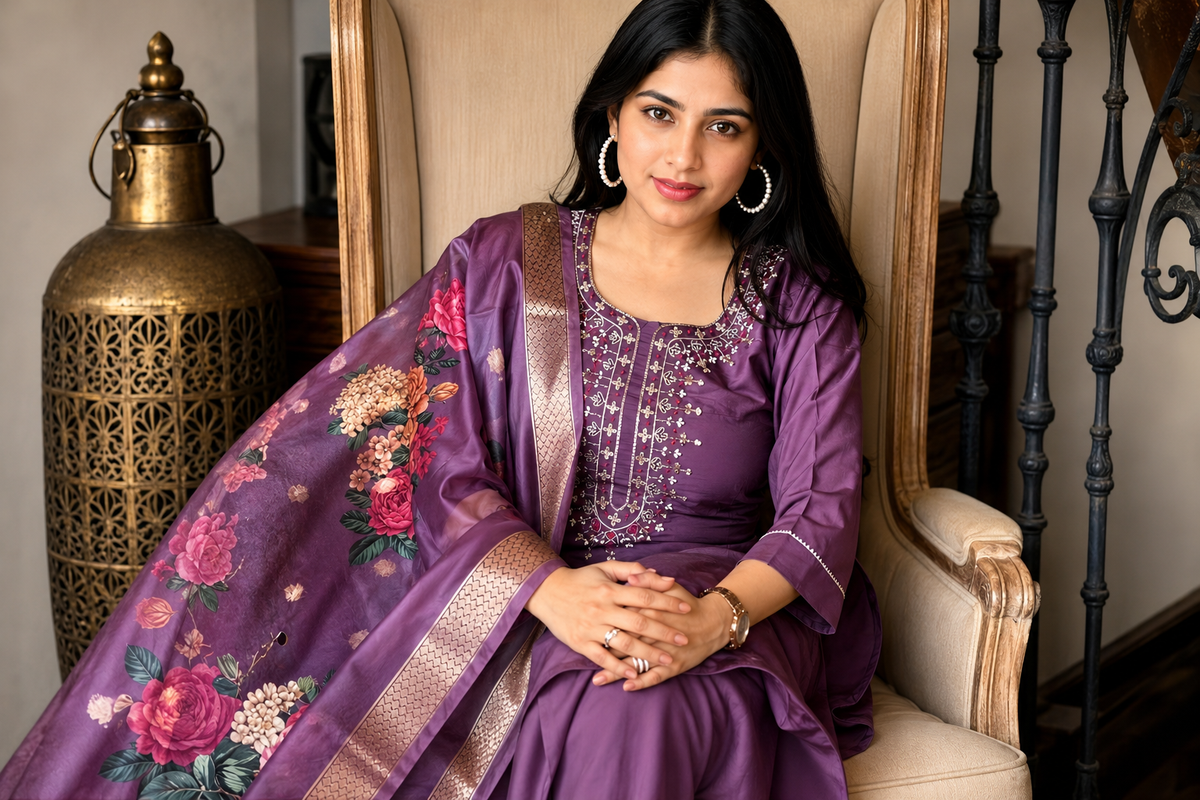Purple Embroidered 3-Piece Kurta Set With Dupatta
