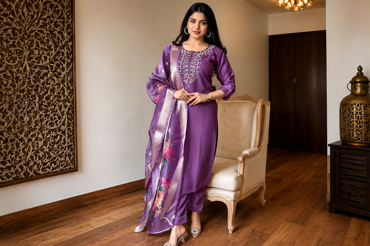 Purple Embroidered 3-Piece Kurta Set With Dupatta