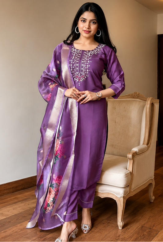 Purple Embroidered 3-Piece Kurta Set With Dupatta