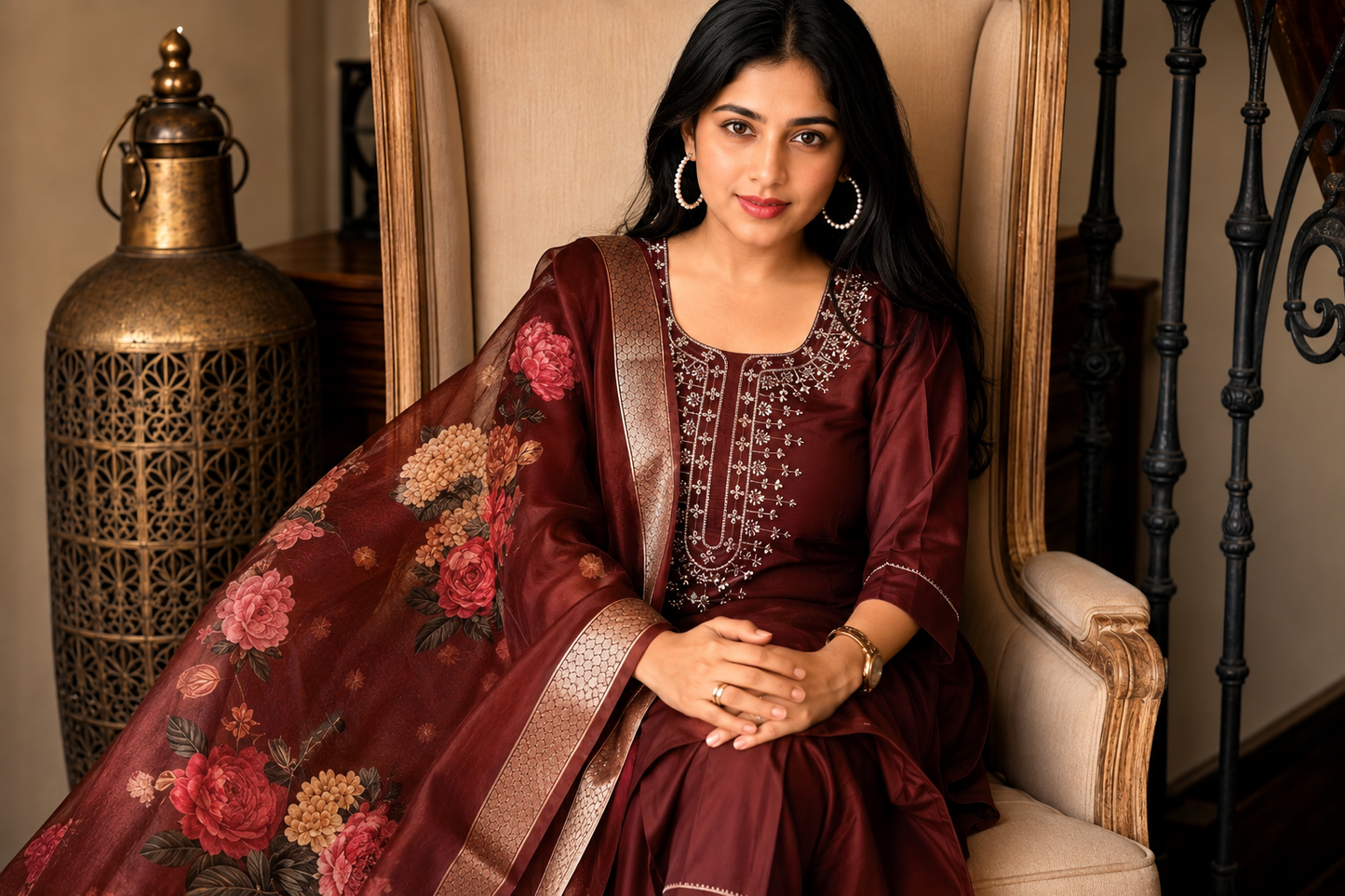 Maroon Embroidered Ethnic Suit Set With Dupatta