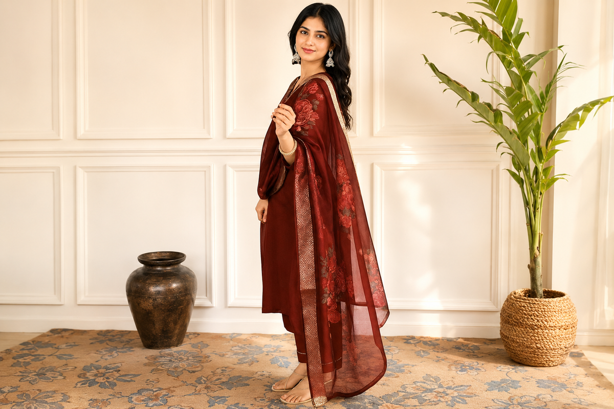 Maroon Embroidered Ethnic Suit Set With Dupatta
