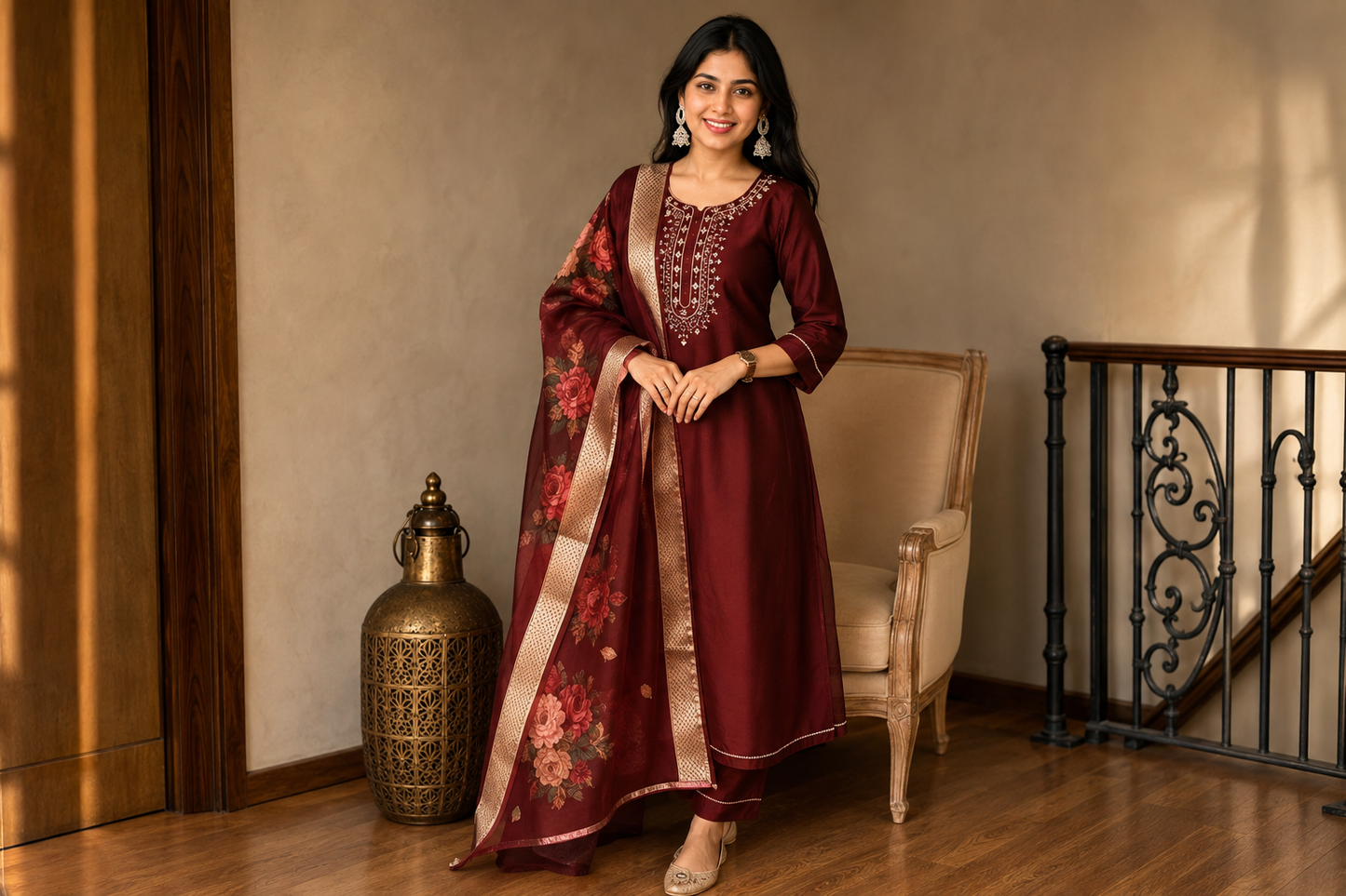 Maroon Embroidered Ethnic Suit Set With Dupatta