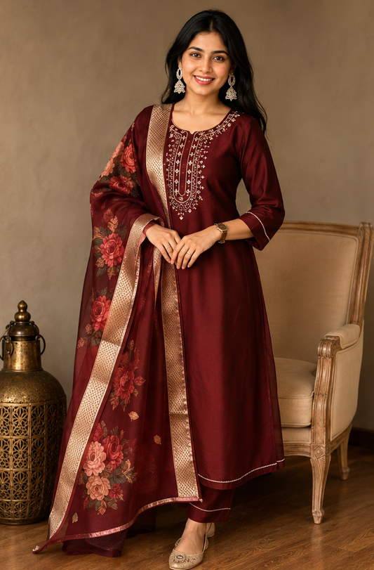 Maroon Embroidered Ethnic Suit Set With Dupatta