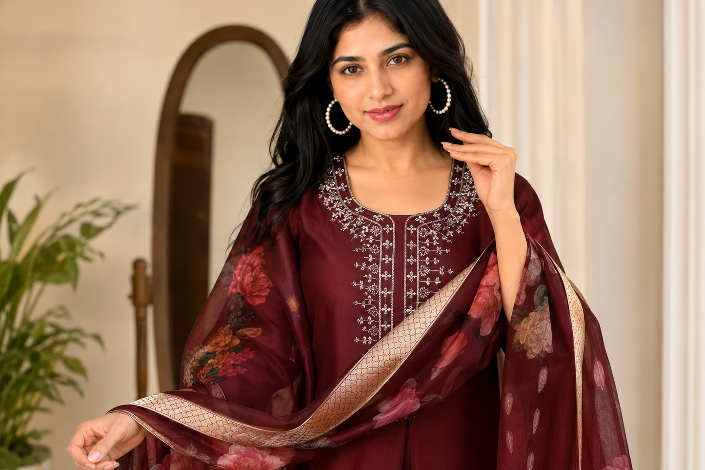 Maroon Embroidered Ethnic Suit Set With Dupatta