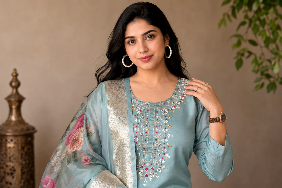 Pastel Blue Embroidered Kurta Set With Dupatta