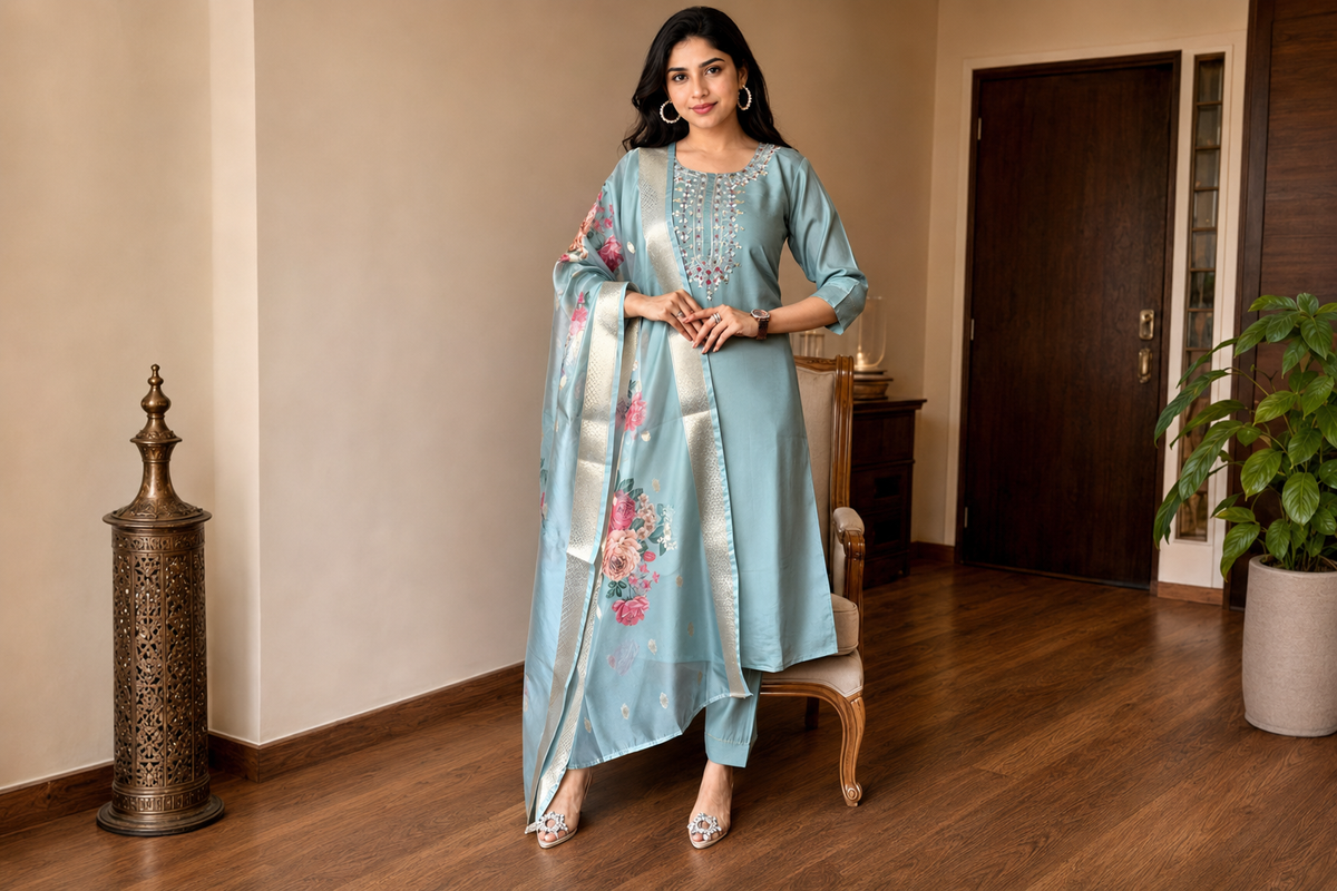 Pastel Blue Embroidered Kurta Set With Dupatta