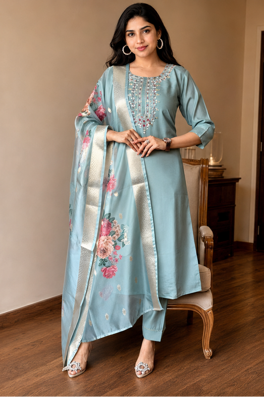 Pastel Blue Embroidered Kurta Set With Dupatta