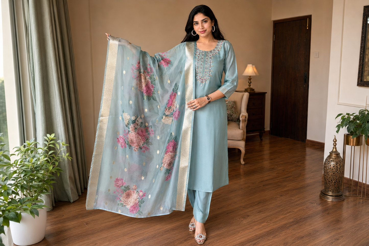 Pastel Blue Embroidered Kurta Set With Dupatta