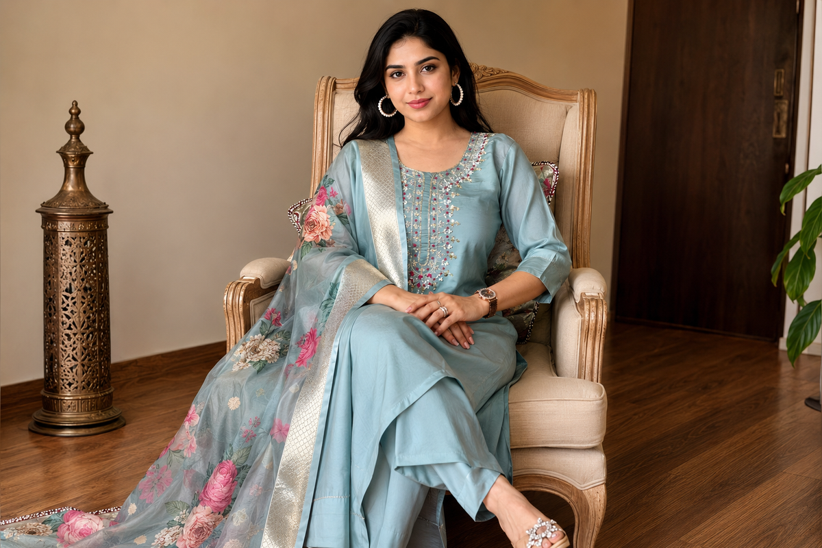 Pastel Blue Embroidered Kurta Set With Dupatta