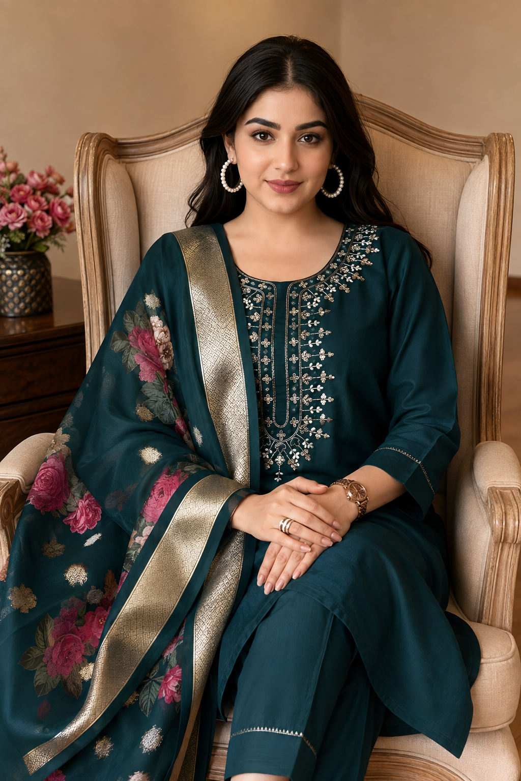Embroidered Teal Kurta Set with Dupatta