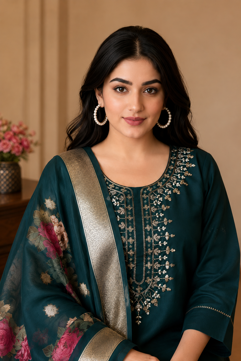 Embroidered Teal Kurta Set with Dupatta