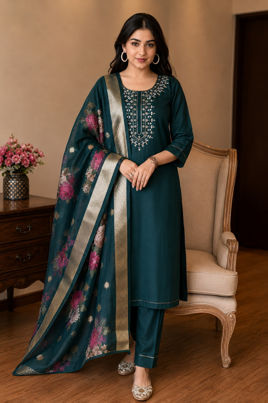 Embroidered Teal Kurta Set with Dupatta
