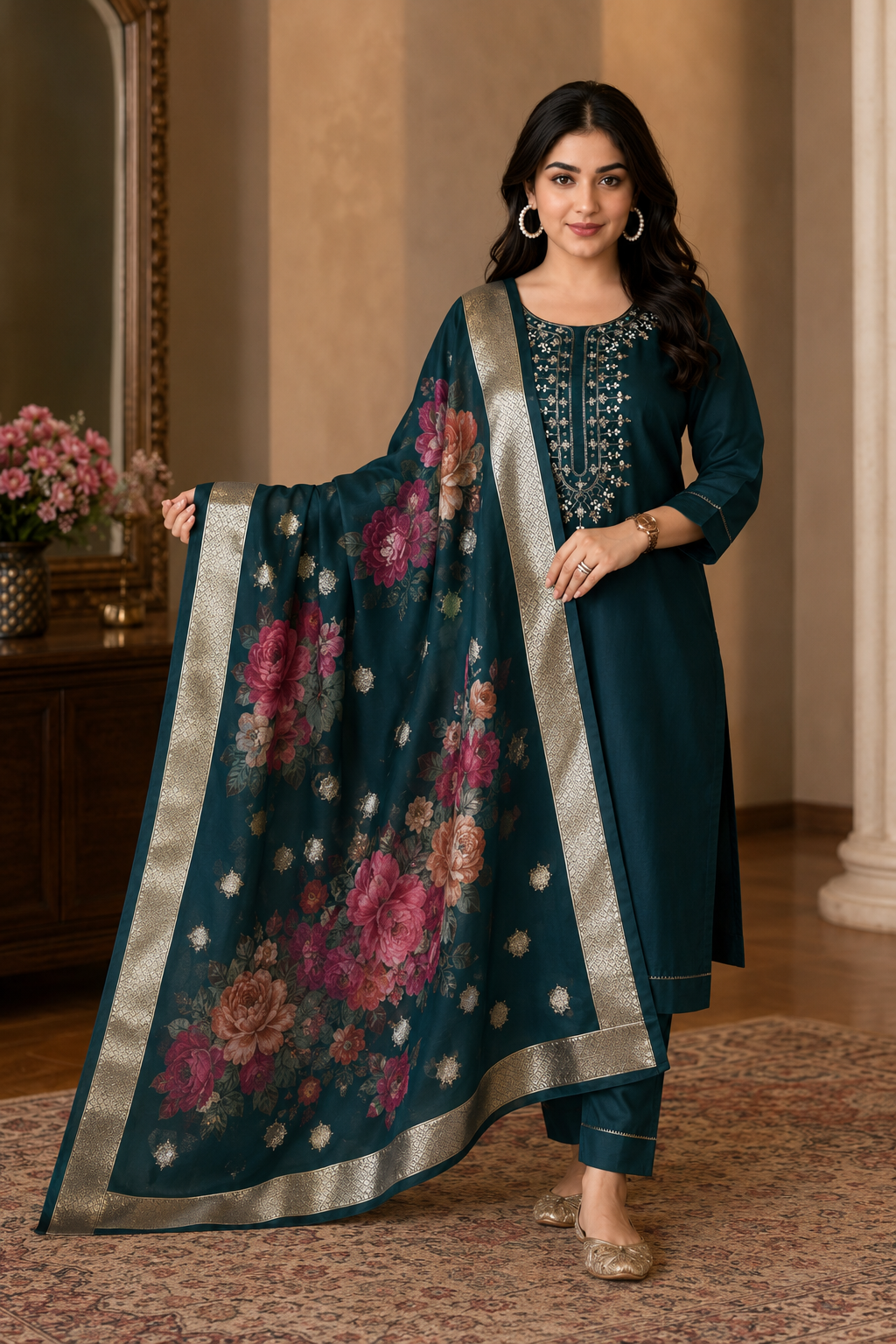 Embroidered Teal Kurta Set with Dupatta