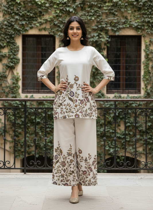 Off-White Floral Cotton Co-Ord Set