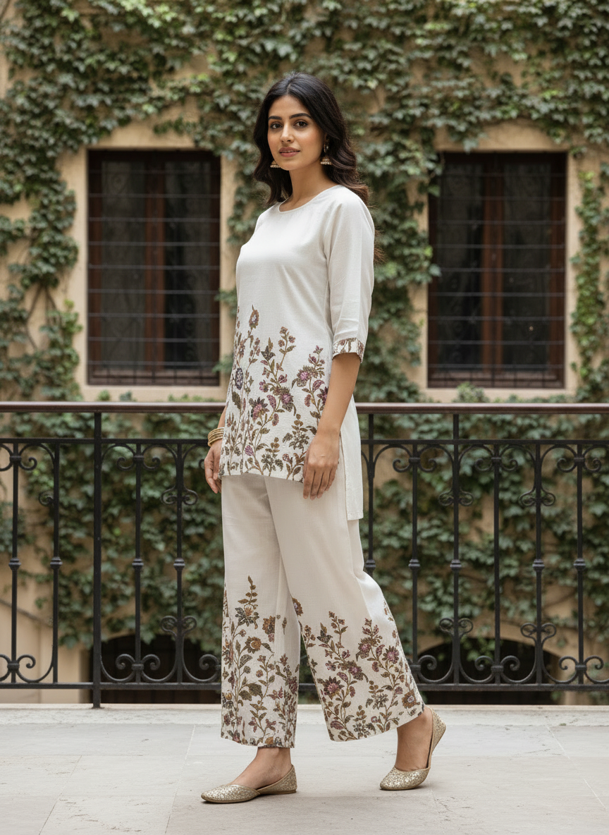 Off-White Floral Cotton Co-Ord Set