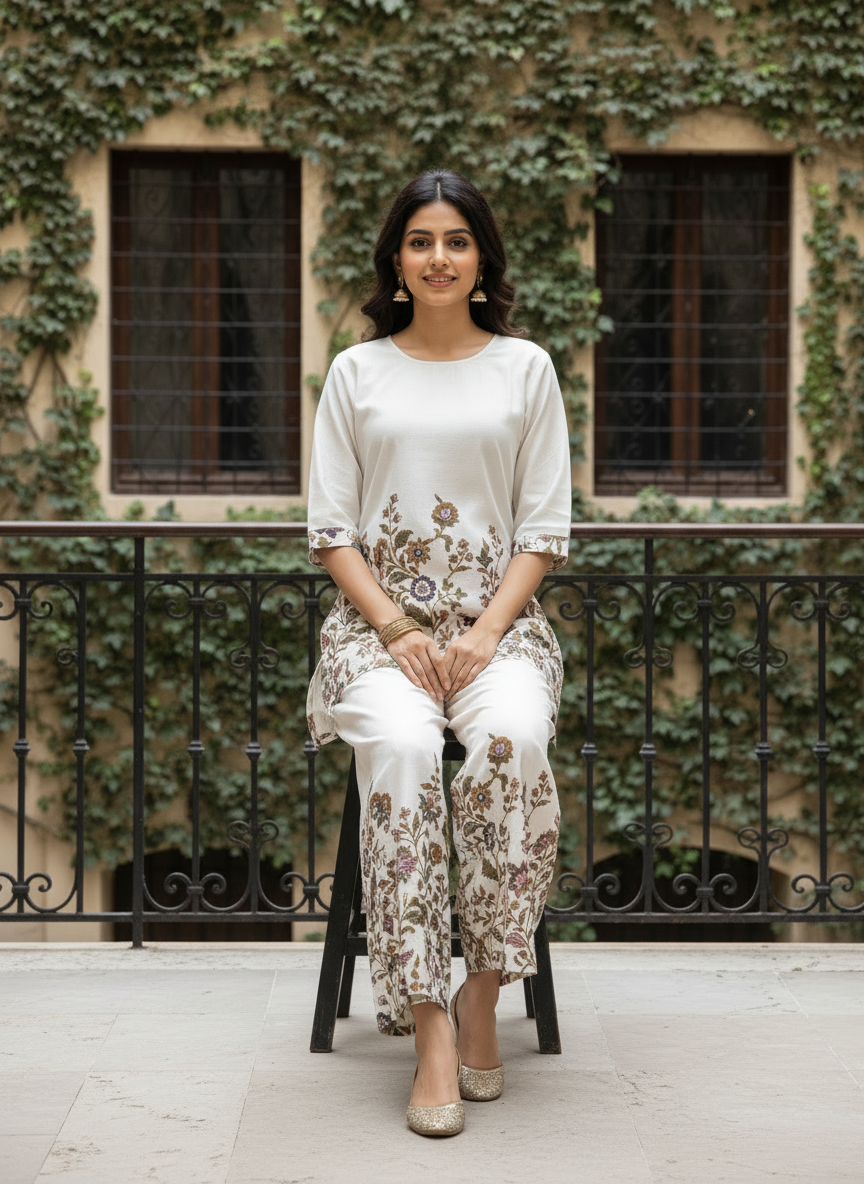 Off-White Floral Cotton Co-Ord Set
