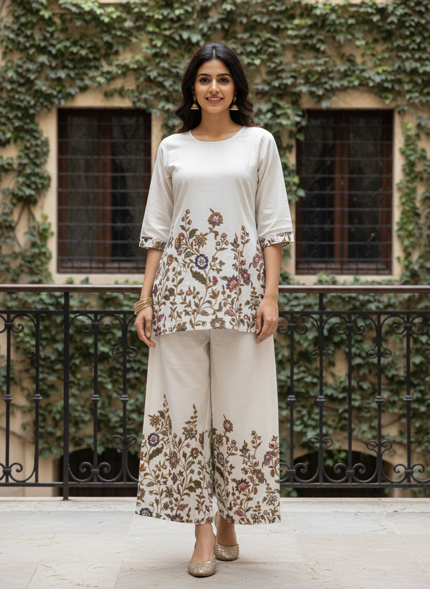 Off-White Floral Cotton Co-Ord Set