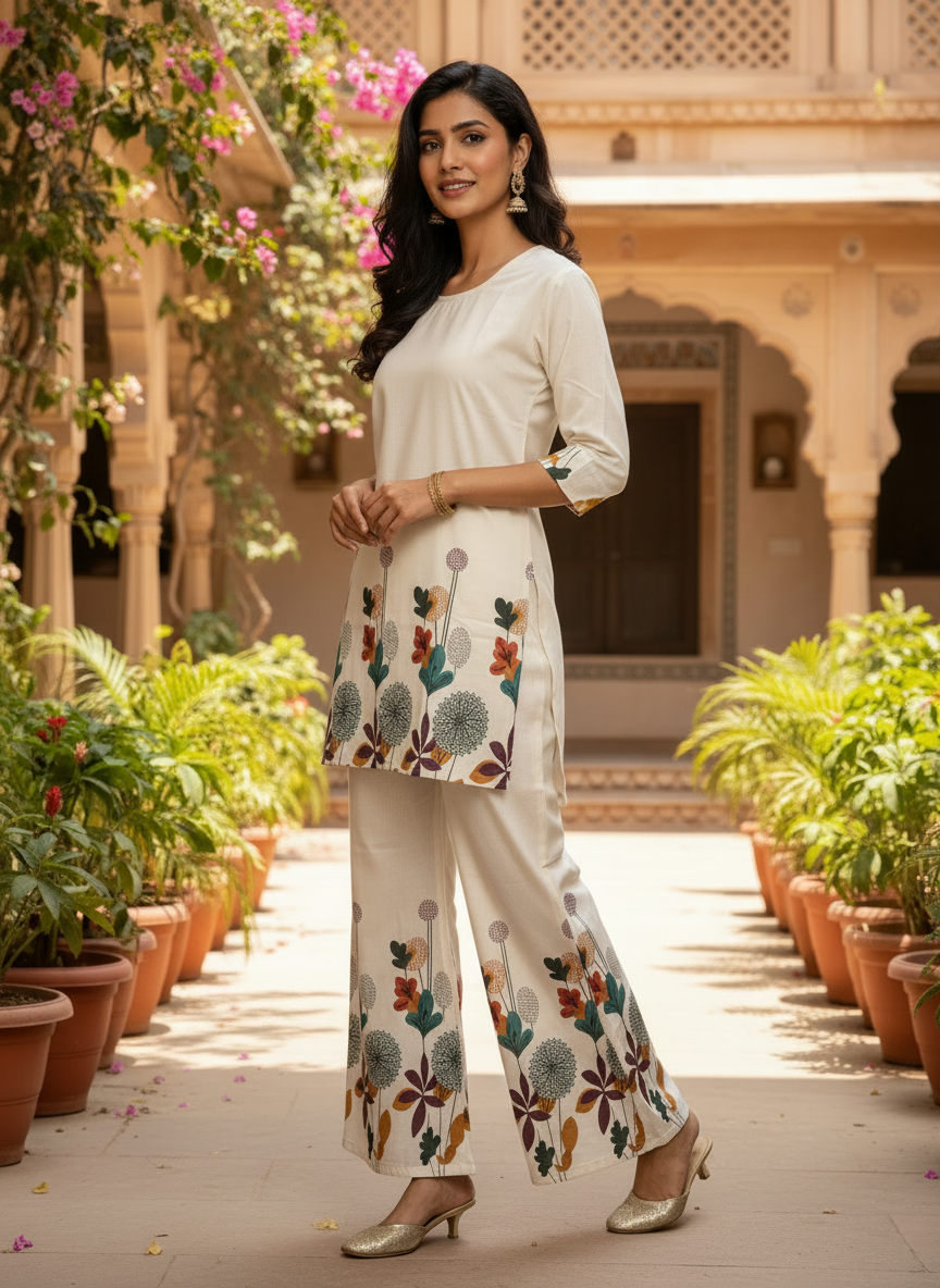 Floral Border Khadi Co-ord Set