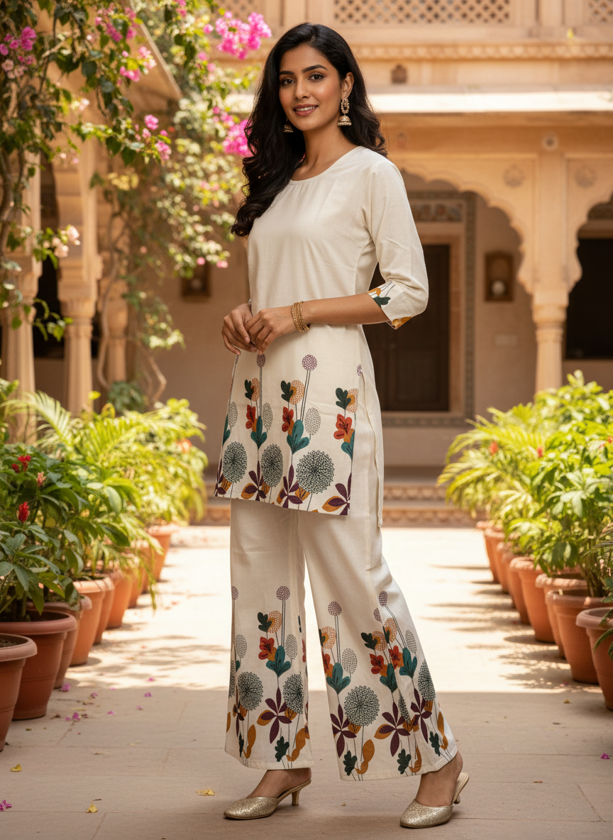 Floral Border Khadi Co-ord Set