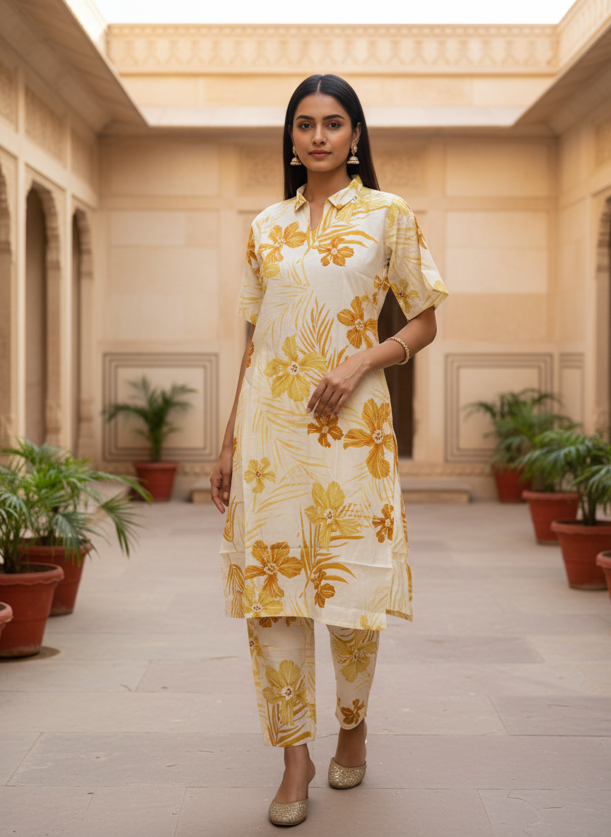 Floral Khadi Cotton Co-Ord Set