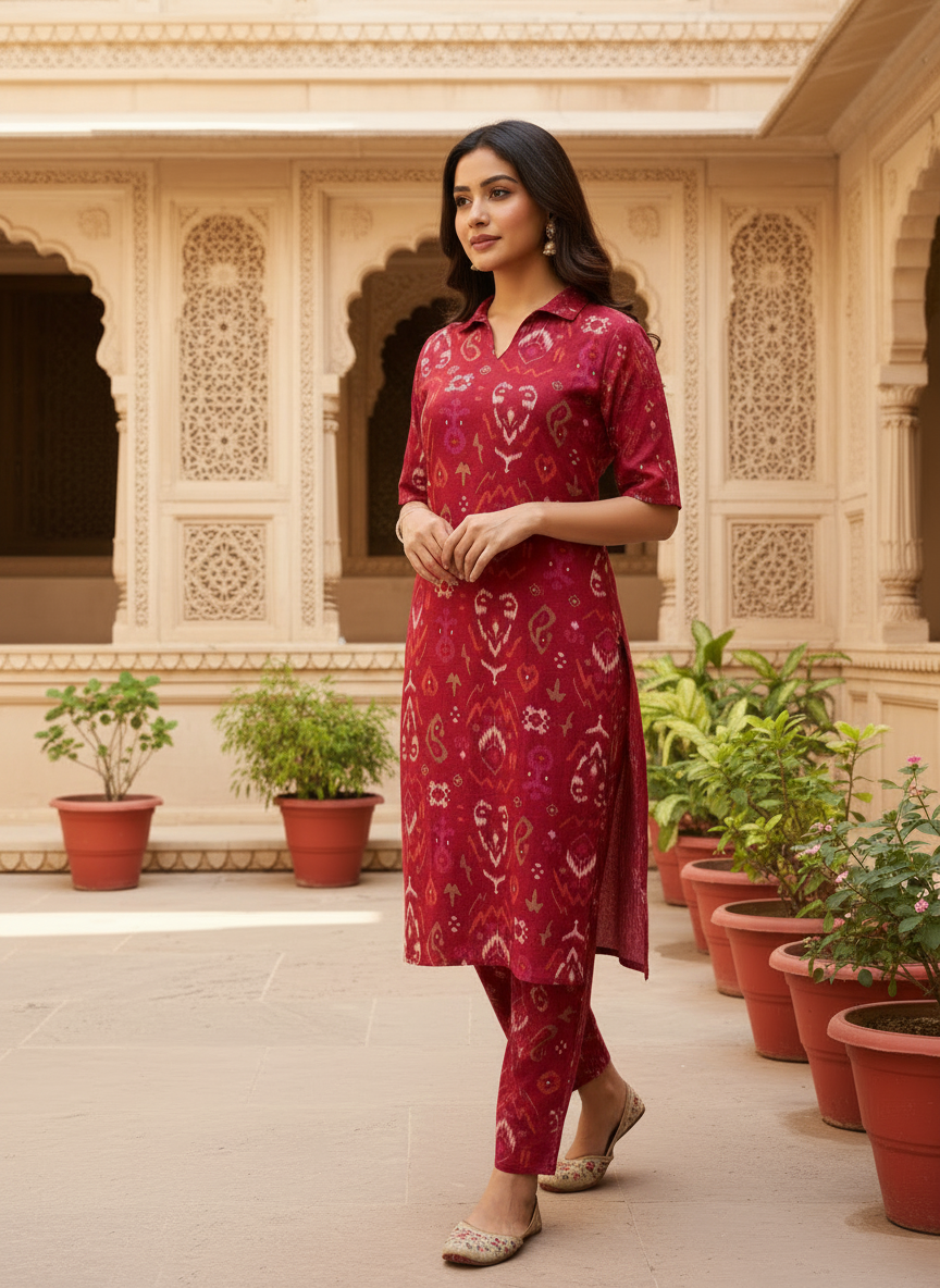 Maroon Ikat Printed Ethnic Co-ord Set