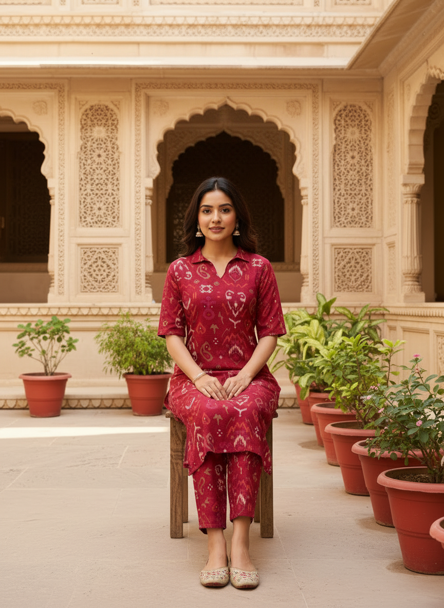 Maroon Ikat Printed Ethnic Co-ord Set