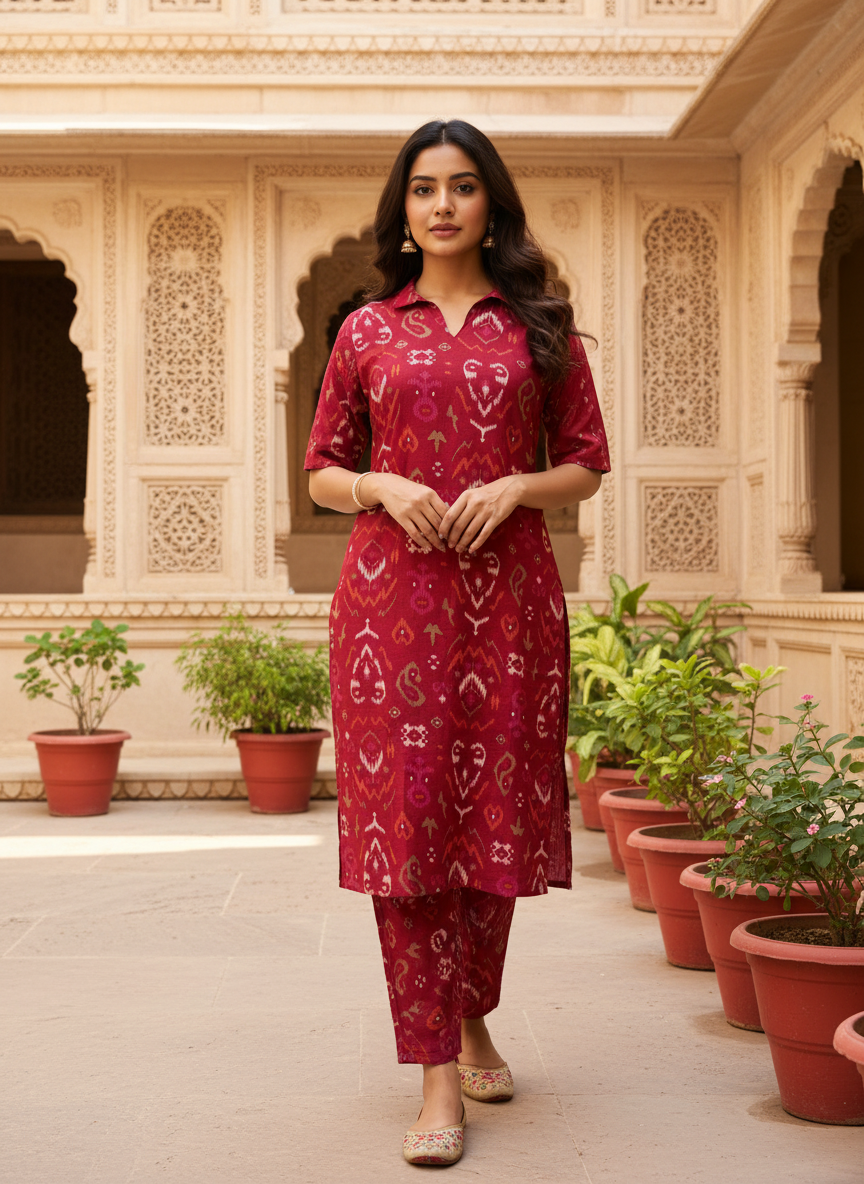 Maroon Ikat Printed Ethnic Co-ord Set