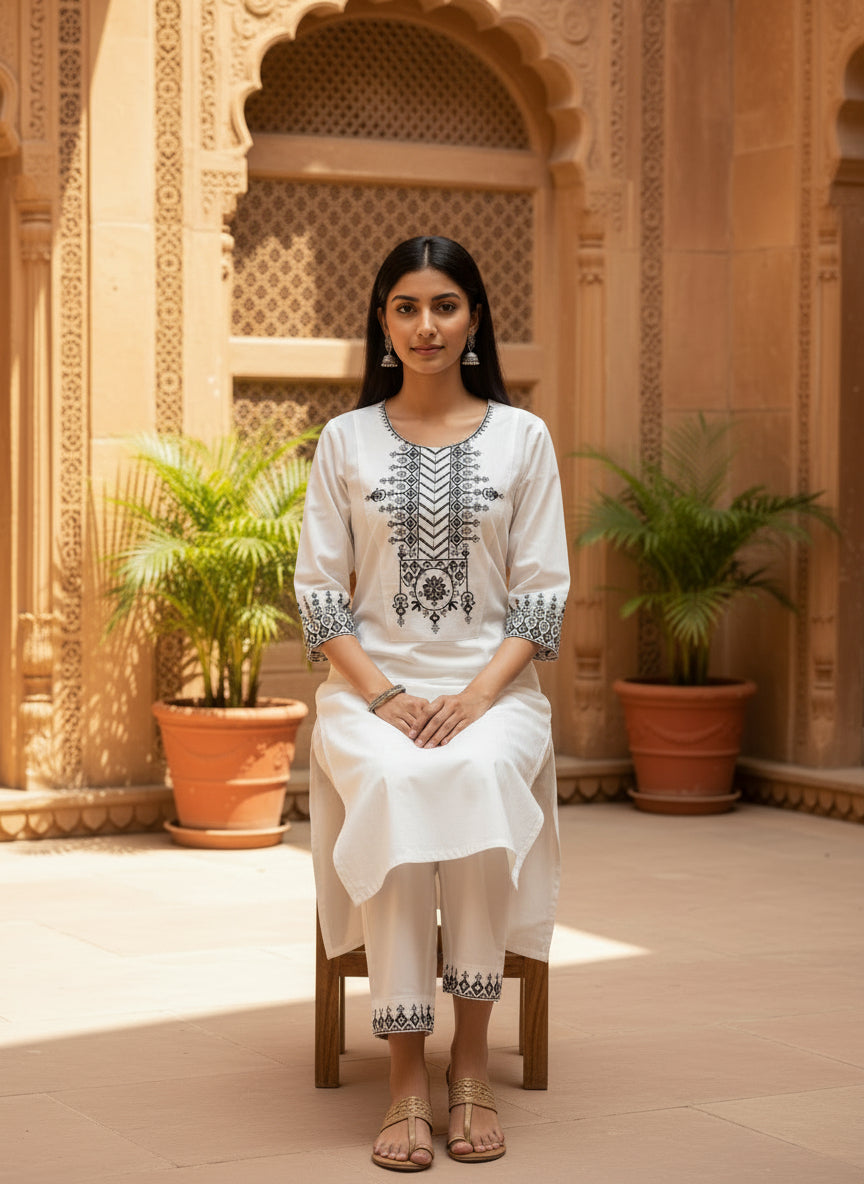 White Embroidered Cotton Kurta Set