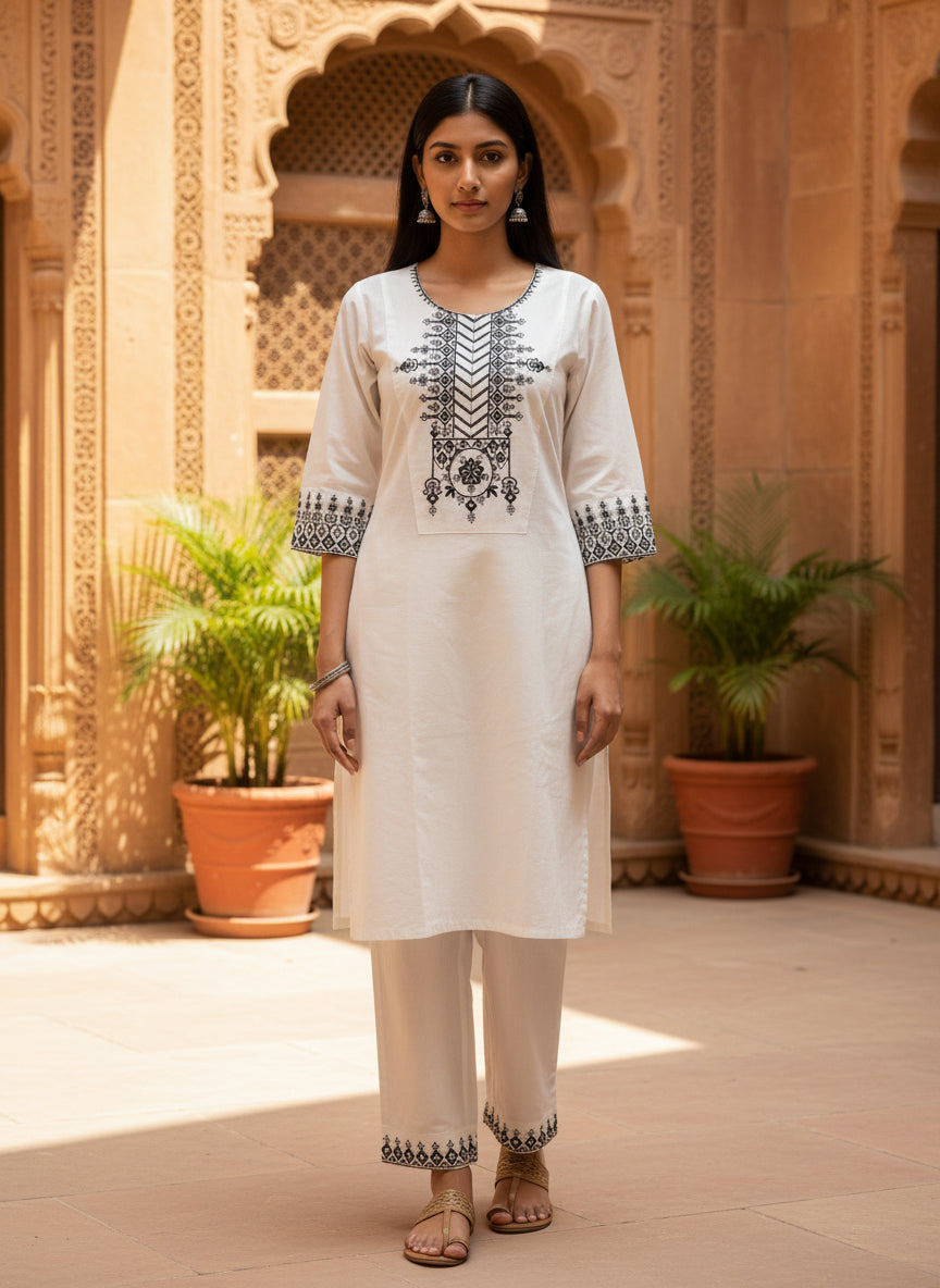 White Embroidered Cotton Kurta Set