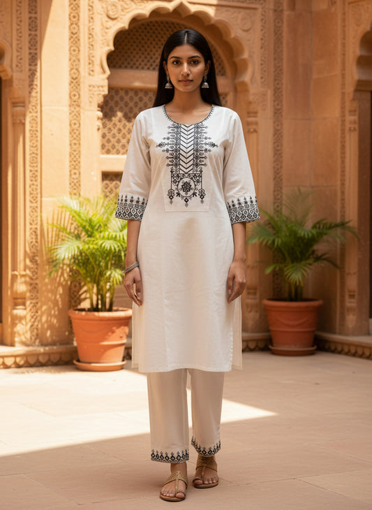 White Embroidered Cotton Kurta Set