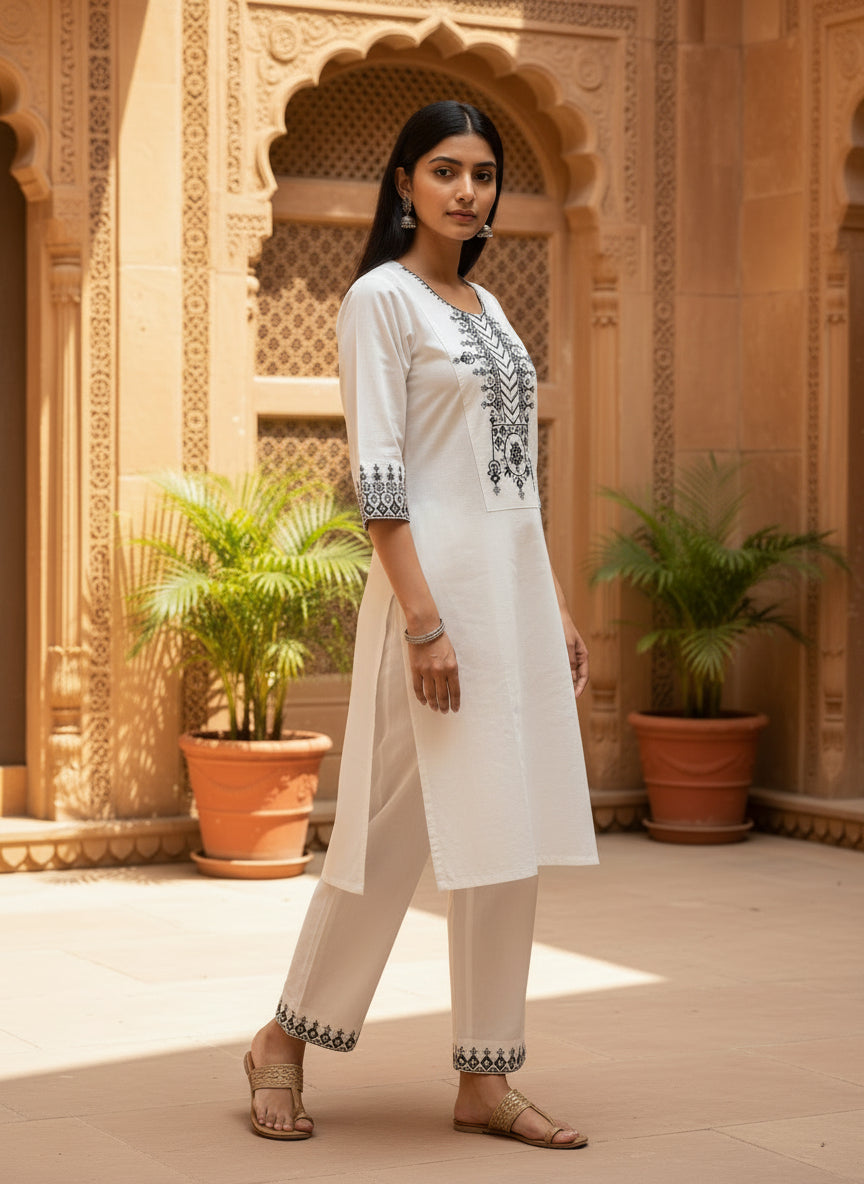 White Embroidered Cotton Kurta Set