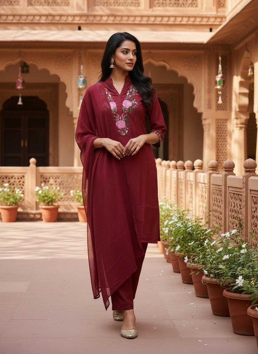 Maroon Embroidered Kurta Pant Set With Dupatta