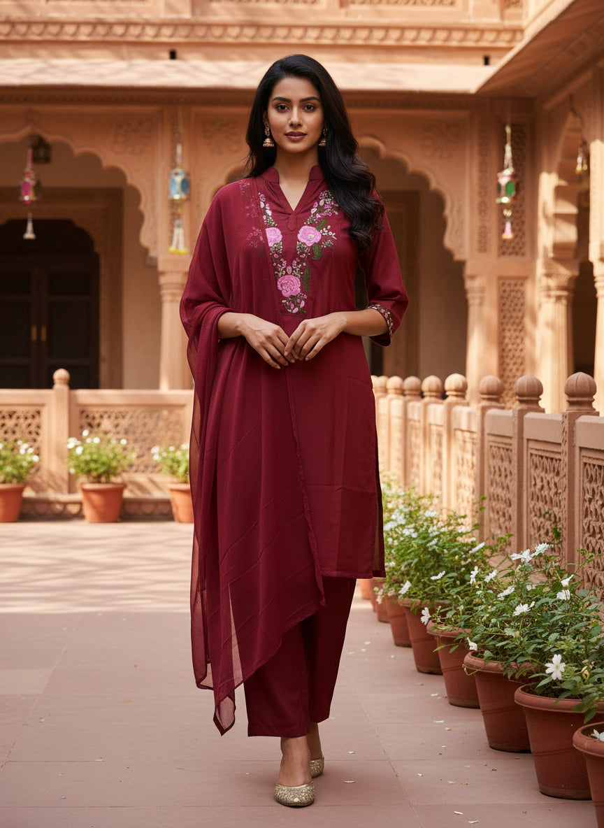 Maroon Embroidered Kurta Pant Set With Dupatta