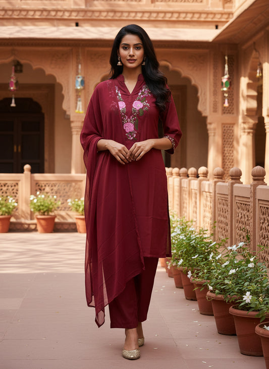 Maroon Embroidered Kurta Pant Set With Dupatta