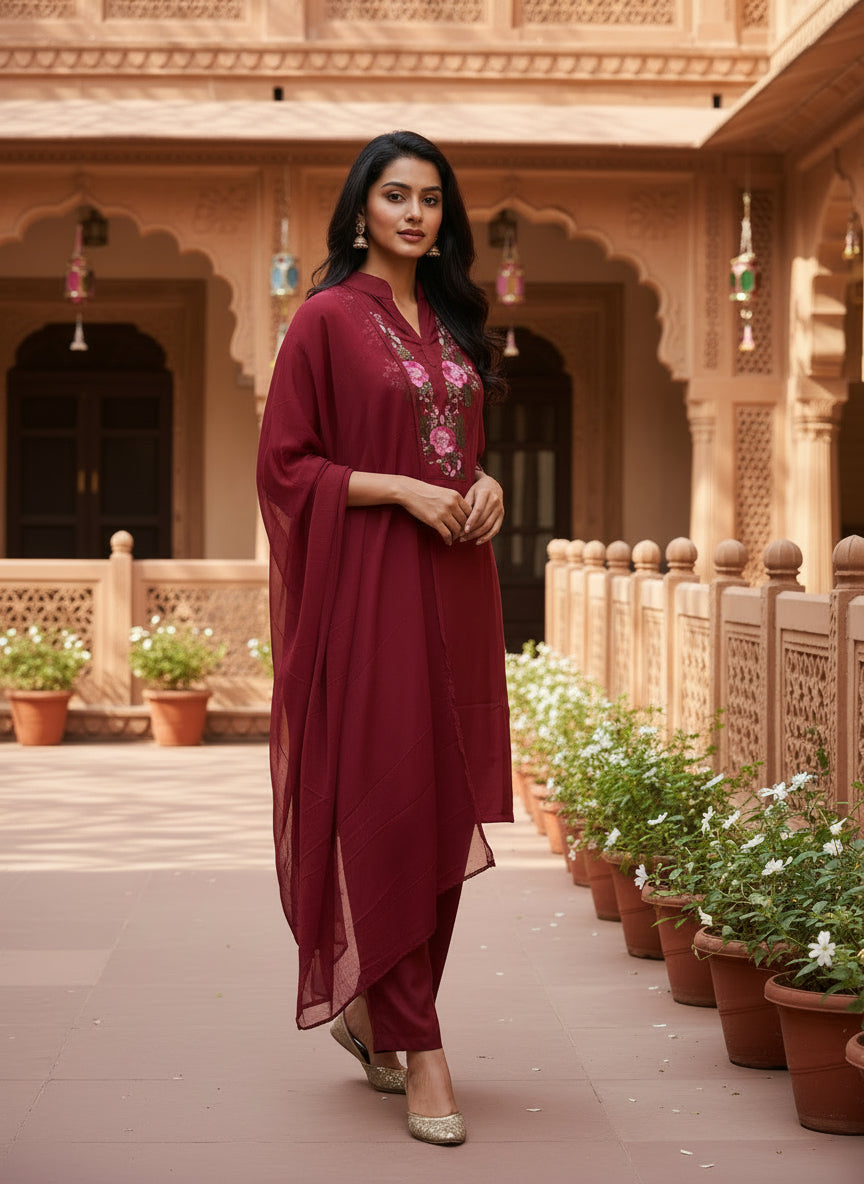 Maroon Embroidered Kurta Pant Set With Dupatta