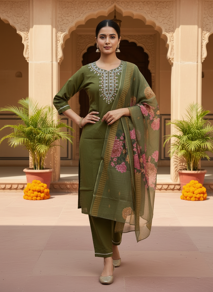 Embroidered Olive Silk Kurta Set With Dupatta