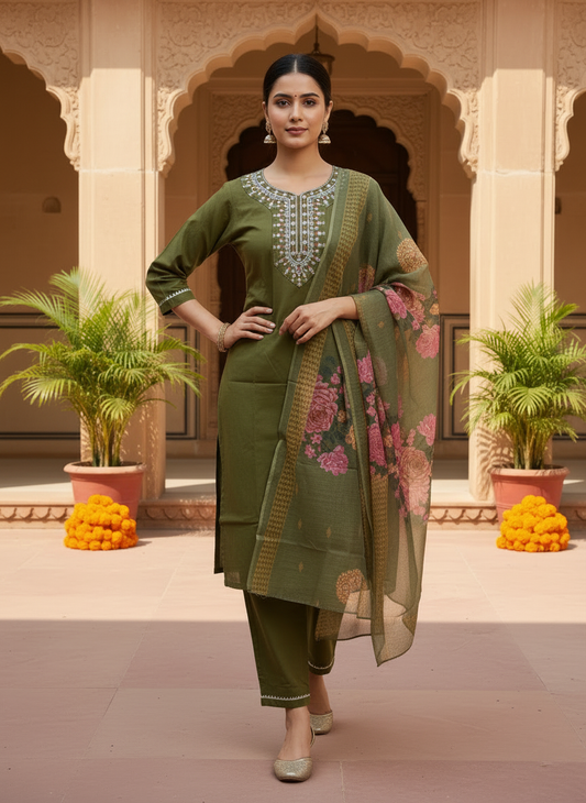Embroidered Olive Silk Kurta Set With Dupatta