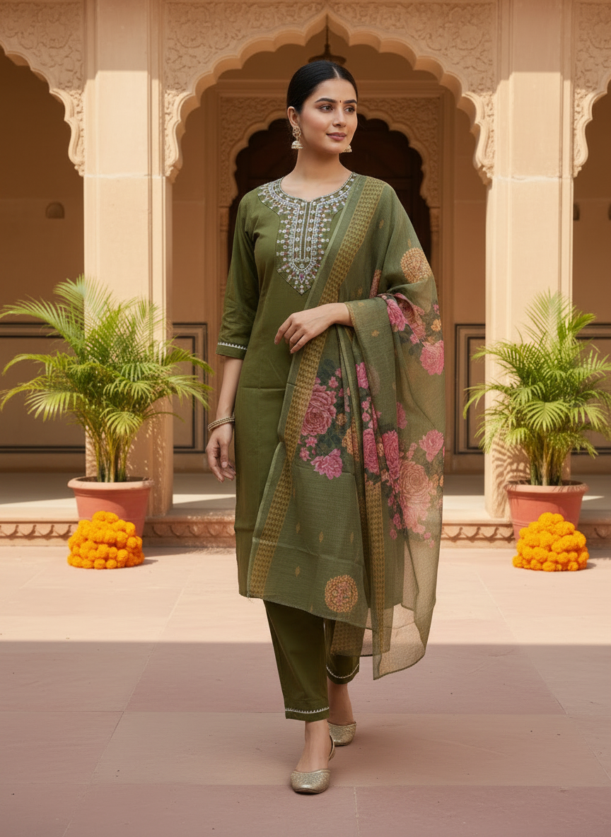 Embroidered Olive Silk Kurta Set With Dupatta