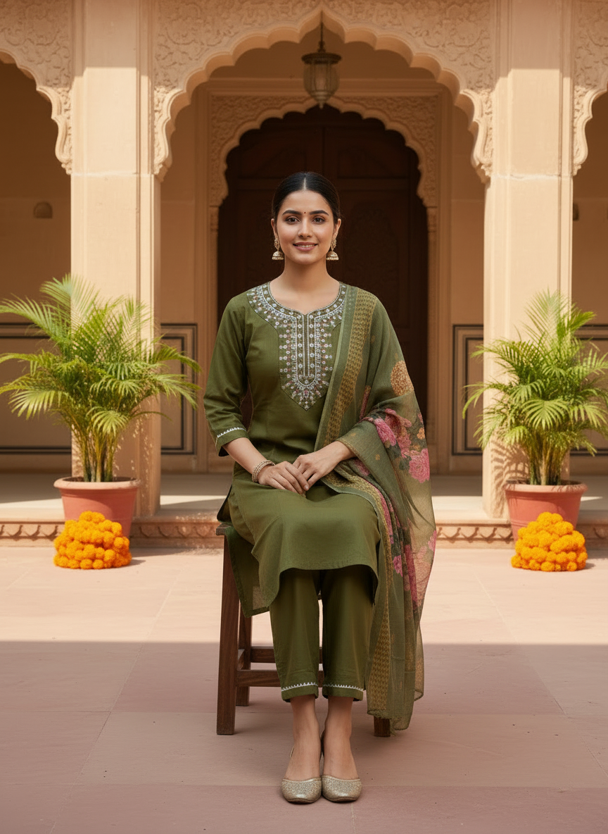 Embroidered Olive Silk Kurta Set With Dupatta