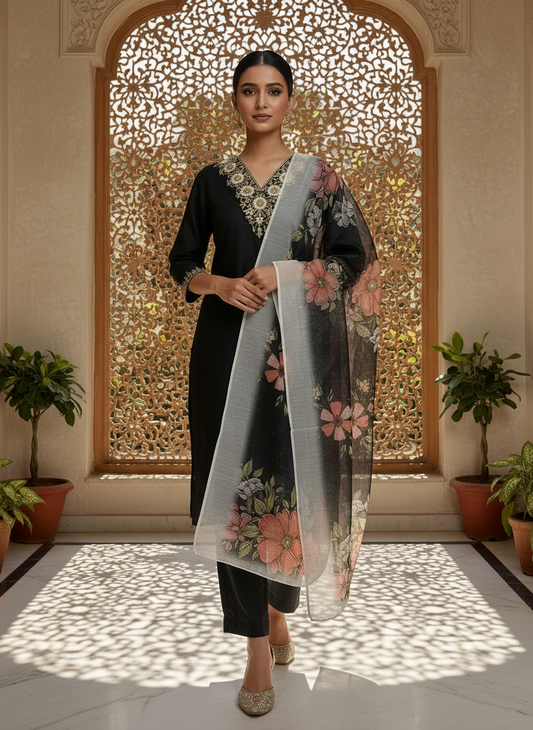 Embroidered Black Kurta Dupatta Set With Dupatta