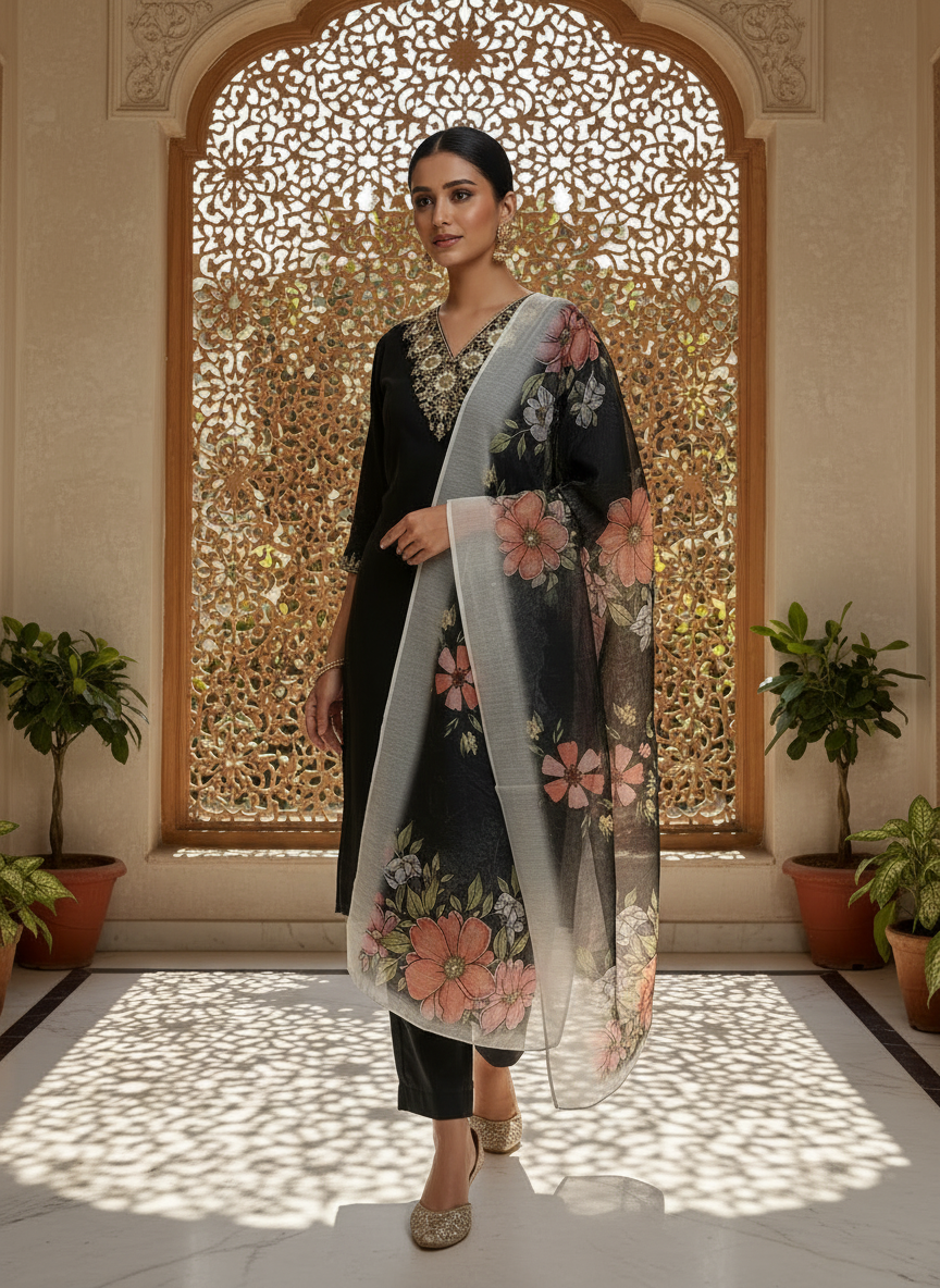 Embroidered Black Kurta Dupatta Set With Dupatta