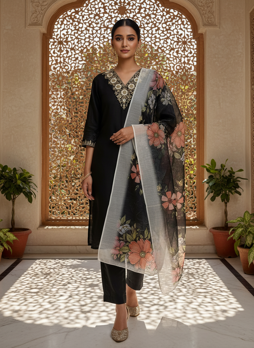 Embroidered Black Kurta Dupatta Set With Dupatta