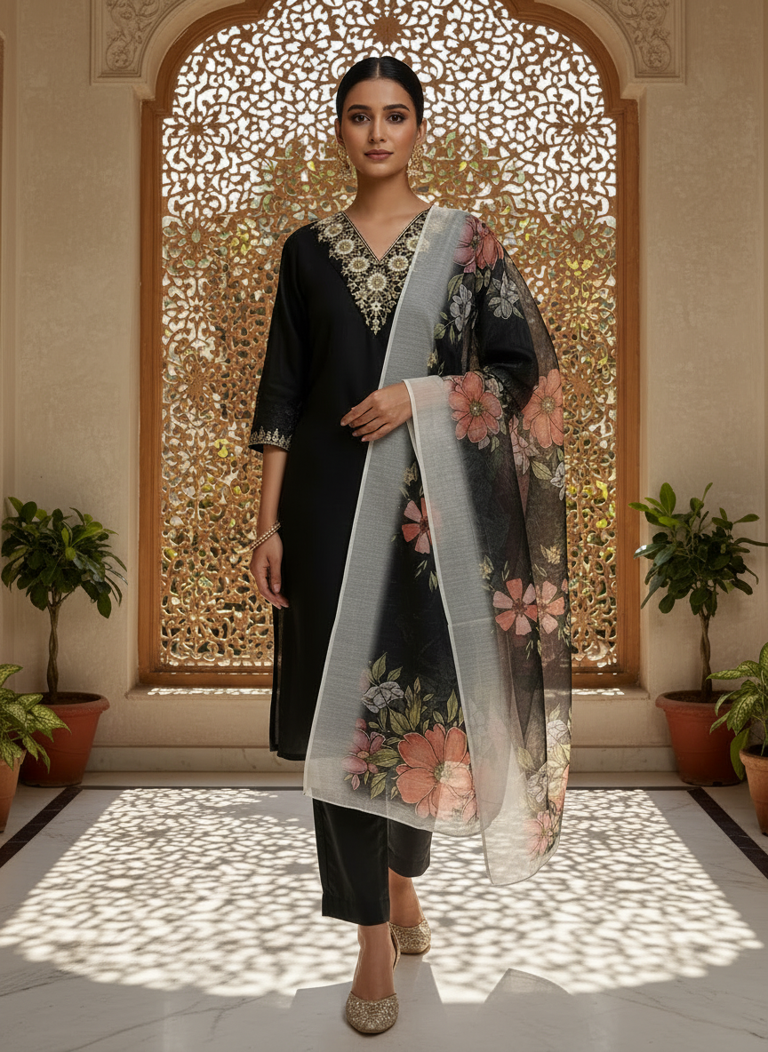 Embroidered Black Kurta Dupatta Set With Dupatta